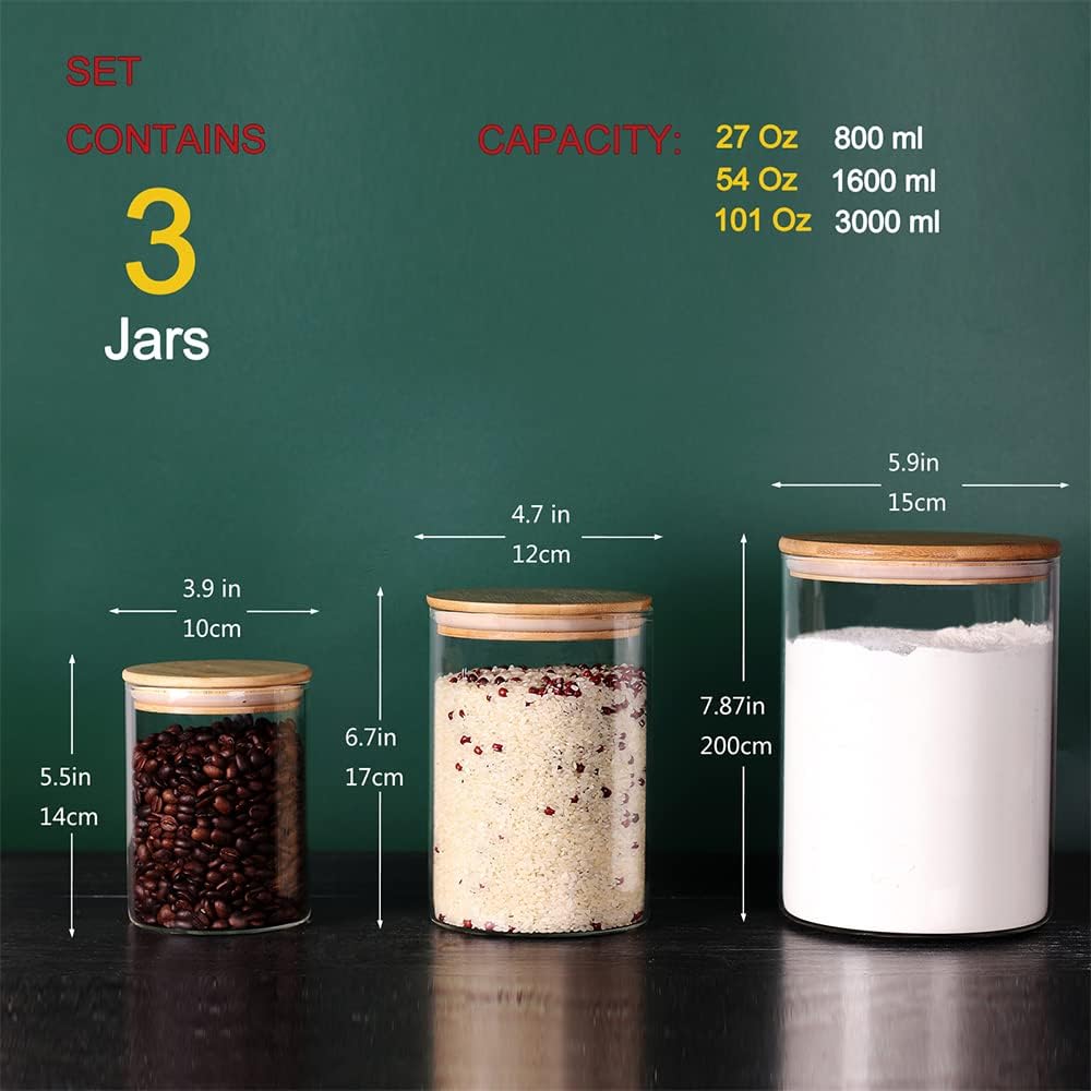 Glass Flour and Sugar Containers, Set of 3 Large Glass Flour Canister with Airtight Lids, Pantry Storage Containers for Suger, Rice, Salt (100 OZ/54 OZ/27 OZ)