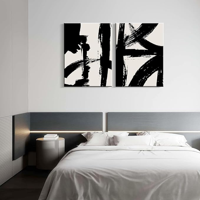 2Pcs Framed Abstract Black and White Canvas Wall Art Minimalist Brushstroke Line Prints Modern Home Gallery Style Painting Posters Picture Bedroom Living Room Office 12x16 Inch Ready to Hang