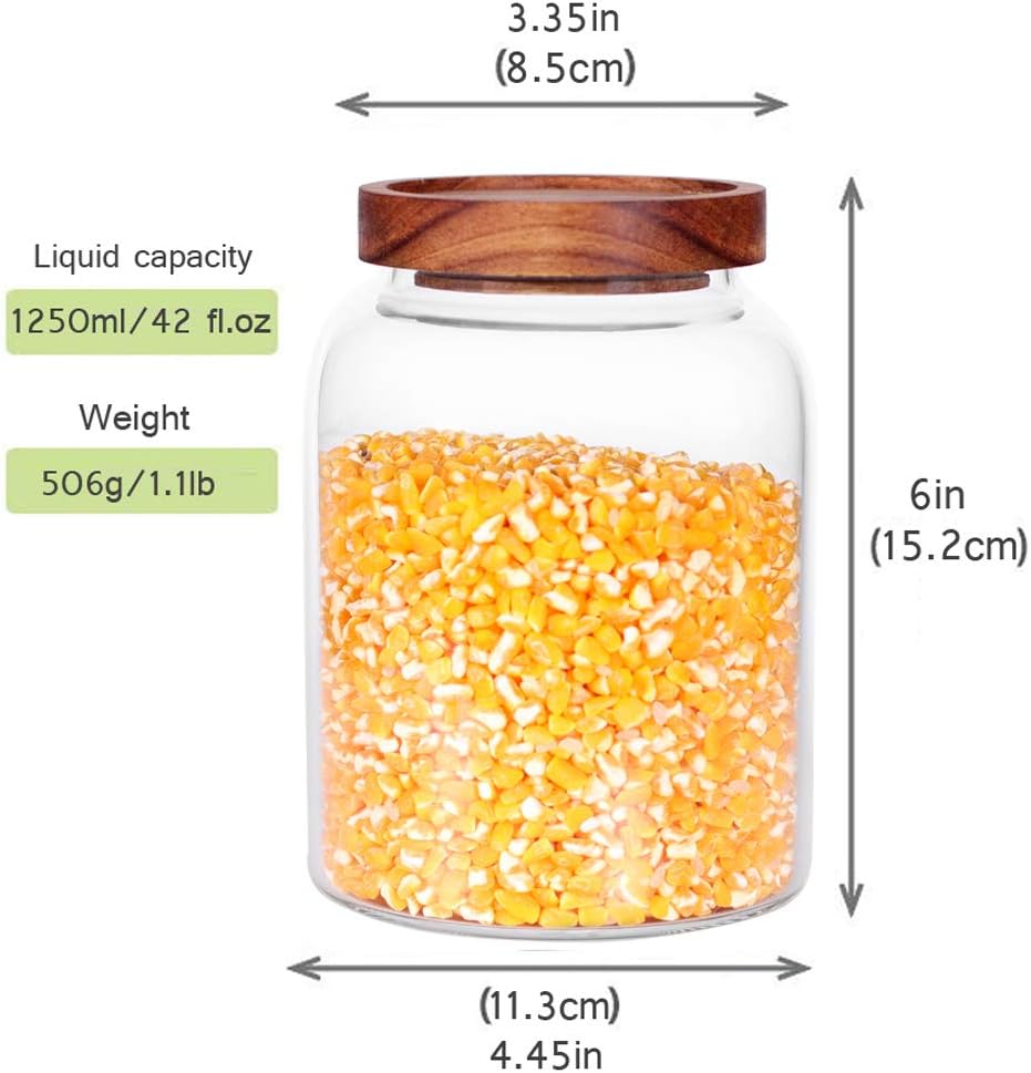 Glass Storage Jars with Airtight Lids, Set of 2 42 FL OZ (1250ml) coffee container with Wooden Lid, Glass Pantry Canister for Beans, Rice, Sugar and etc (6.3 inch high)