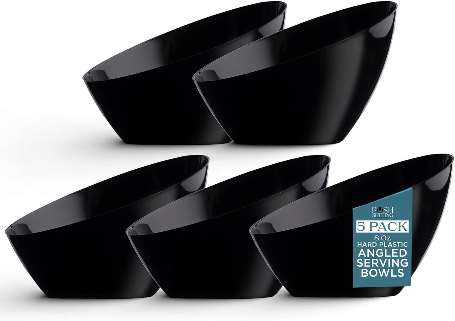 Posh Setting Black Plastic Serving Bowls Disposable - Angled Bowls - Angled Candy Bowl - Plastic Snacks & Chip Bowls for Parties - Black, Gold & Clear, White Serving Dishes, 8 OZ, 5 Pack