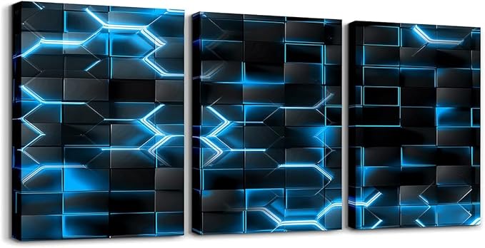 Feelyou Blue and Black Picture Wall Decor 12"x16" 3 Piece Honeycomb Canvas Wall Art Decor Hexagon Theme Office Decorations Artwork Posters Geometrical Beehive Painting