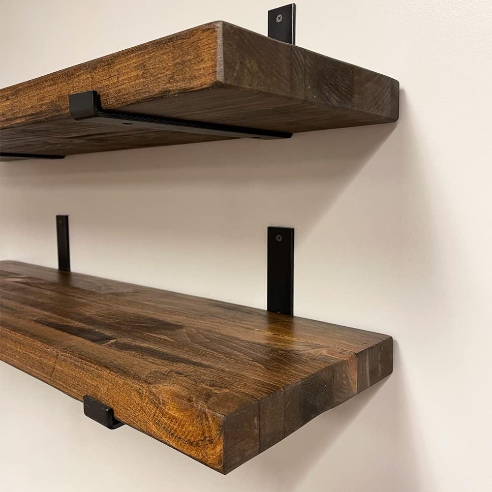 Rustic Shelves with J-Brackets Set of 2, Industrial Shelf, Kitchen Shelves, Solid Wood, Decorative Wall Storage, Heavy Duty, URBANDI (Provincial, 48Wx8D)