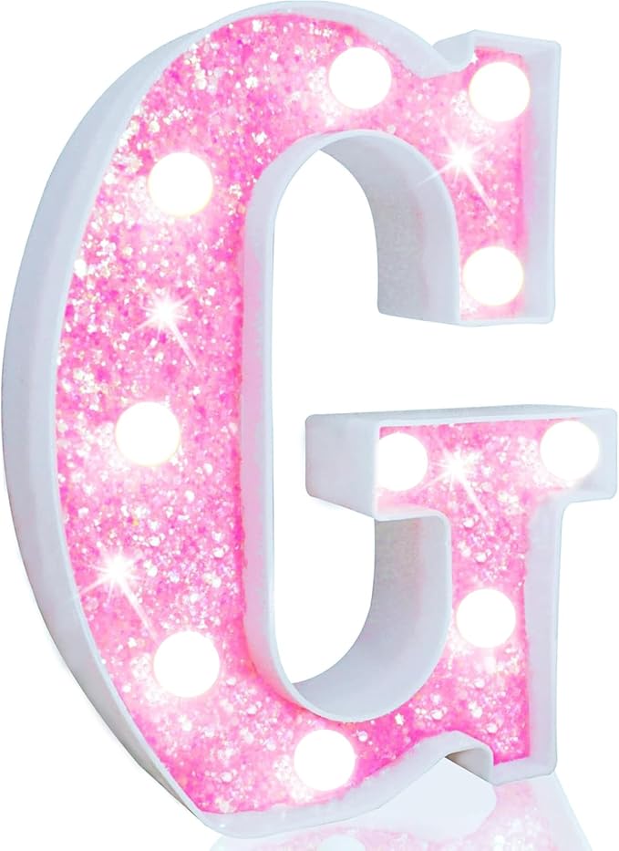 Pooqla LED Marquee Letter Lights, Light Up Letters Glitter Letter Sign Girls Gift, Battery Powered Night Light Pink Birthday Party Room Wedding Christmas Girls Bedroom Dorm Decoration, Cool White G