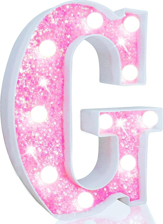 Pooqla LED Marquee Letter Lights, Light Up Letters Glitter Letter Sign Girls Gift, Battery Powered Night Light Pink Birthday Party Room Wedding Christmas Girls Bedroom Dorm Decoration, Cool White G