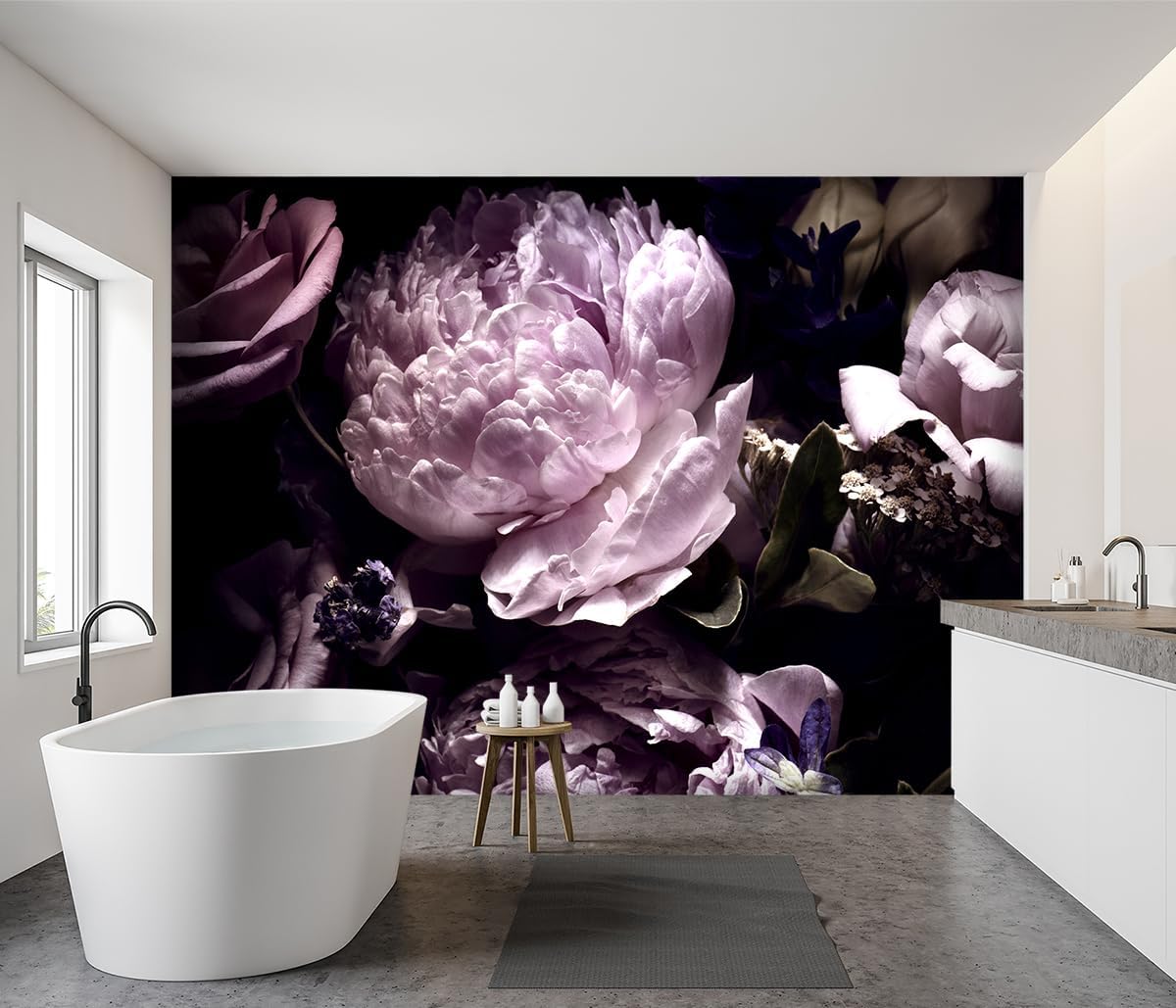 -Black Peony Purple Floral Botanical Fabric Wallpaper Living Room Bedroom Bathroom Dark Flowers Large Wall Mural- 137"x96"（ not Peel and Stick）