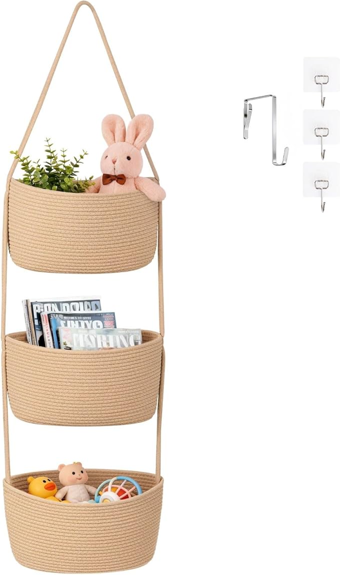 Goodpick 3-Tier Hanging Basket Over the Door, Cotton Rope Wall basket, Hanging Nursery Decor for Organizing, Jute