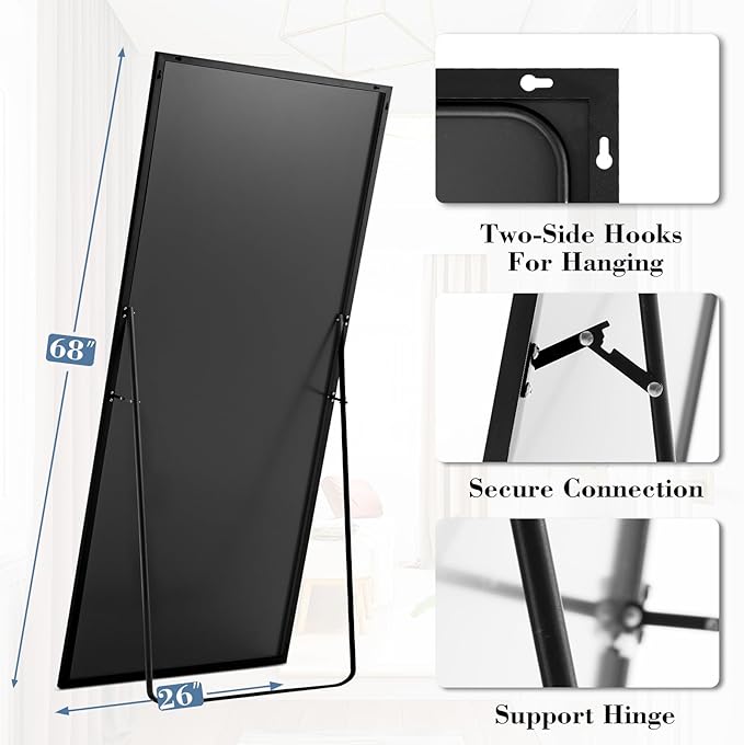 DUMOS Full Length Mirror with Stand, 68"x26" Floor Mirror with Aluminum Alloy Frame for Bedroom, Standing Full Body Mirror with Shatter-proorf Nano Glass for Wall, Living Room, Cloakroom, Black