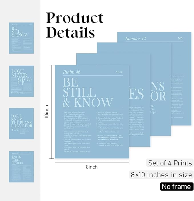 Locomiss Light Blue Christian Wall Art Decor, Modern Bible Verse Prints, Minimalist Jesus Scripture Wall Decor, Inspirational Bible Posters for Bedroom Office Living Room, Set of 4 (8x10 Unframed)