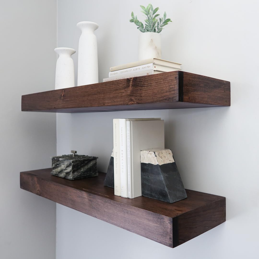 Modern Floating Shelves 3 Inches Thick for Wall, Wide Shelves for Kitchen, Living Room, Bedroom, and Bathroom, Natural Pine Wood, Rustic Wooden Shelf, (Set of 2) (Provincial, 36Lx3Hx6D)
