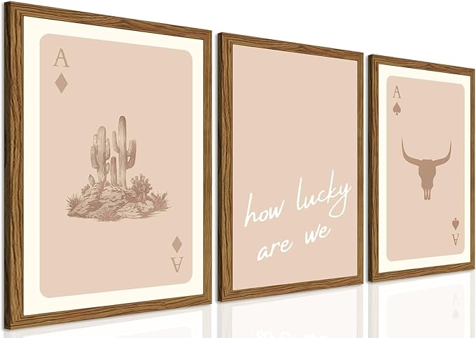 Western Wall Art Set of 3, Vintage Southwestern Cowboy Playing Card Wall Decor Painting, Longhorn Bull Skull and How Lucky Are We Canvas Prints for Bedroom Living Room 12x16 inch Wood Framed