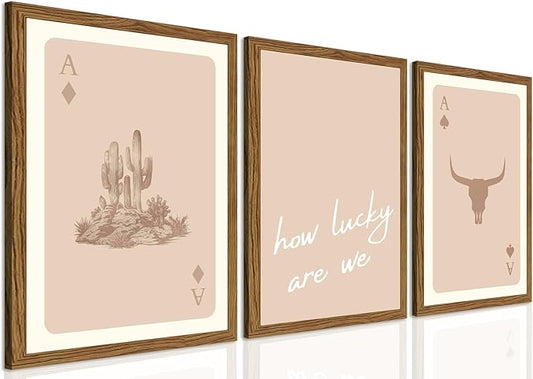 Western Wall Art Set of 3, Vintage Southwestern Cowboy Playing Card Wall Decor Painting, Longhorn Bull Skull and How Lucky Are We Canvas Prints for Bedroom Living Room 12x16 inch Wood Framed