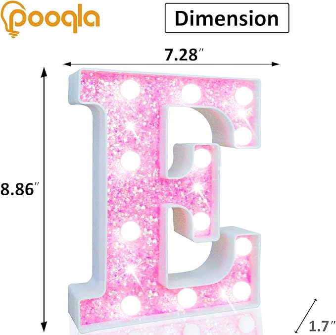 Pooqla LED Marquee Letter Lights, Light Up Letters Glitter Letter Sign Girls Gift, Battery Powered Night Light Pink Birthday Party Room Wedding Christmas Girls Bedroom Dorm Decoration, Cool White E