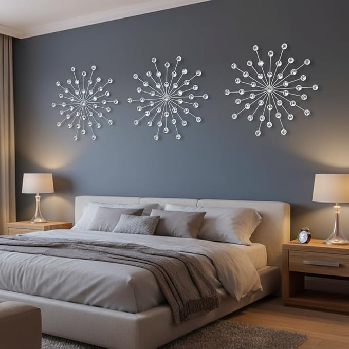 ZEXUIRU 3 Pack Silver Sunburst Wall Decor – Metal Crystal Wall Art with Sparkling Rhinestones, 14’’/18 Inch Starburst Wall Hanging Set for Living Room Bedroom Bathroom – Modern Bling Home Decorations