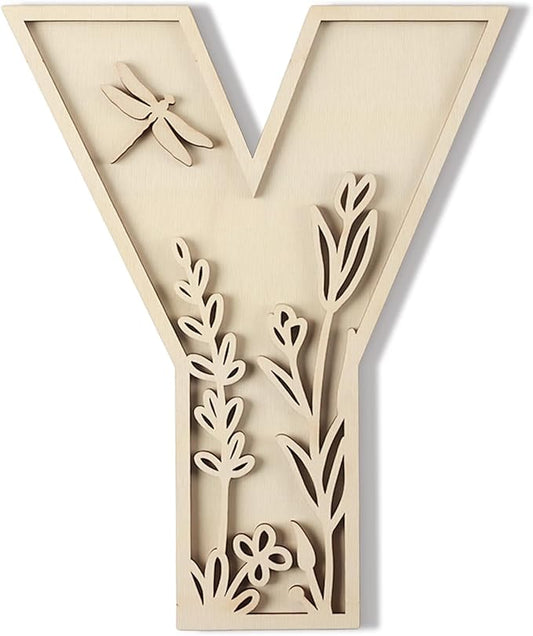 Layered 12 Inch Large Wooden Letters for Wall Decor, Flowered Paintable Wooden Nursery Letters for Crafts Wood Alphabet Letter Y for Birthday Boho Nursery Name Sign Wedding Home Decoration