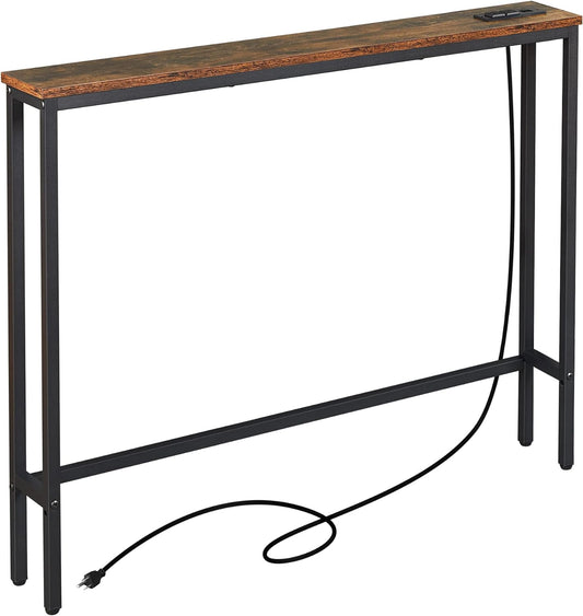 ELYKEN 5.9" Narrow Console Sofa Table with Power Outlets and USB Port, 5.9" Dx39.4 Wx31.1 H Long Behind Couch Table with Metal Frame and 6.5’ Extension Cord, Rustic Brown