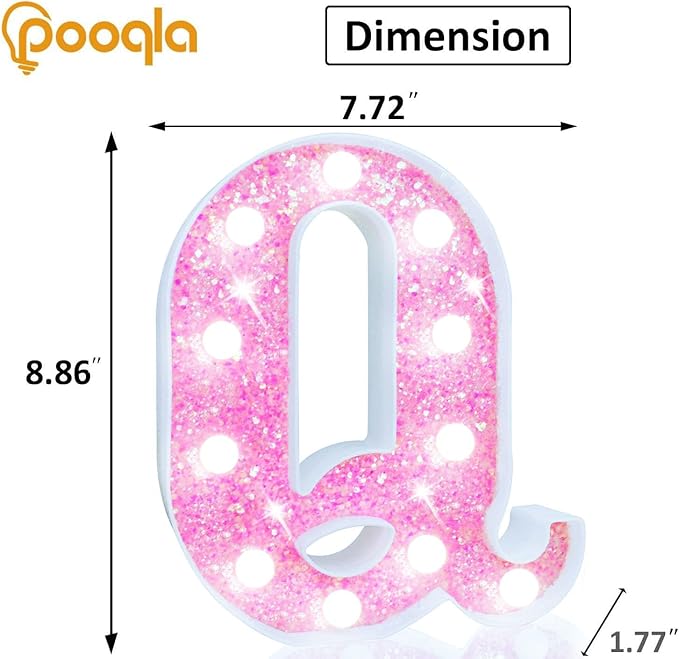 Pooqla LED Marquee Letter Lights, Light Up Pink Letters Glitter Letter Sign for Girls Gifts, Battery Powered for Night Light Birthday Party Wedding Home Bar Christmas Decoration, Cool White Pink Q