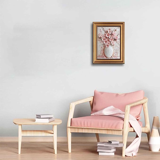 Gold Framed Pink Floral Canvas Wall Art 3D Texture Sakura Flower Botanical painting Decor Picture Cherry blossoms Poster Prints for Living Room Classroom Bedroom office corridor bathroom Decoration