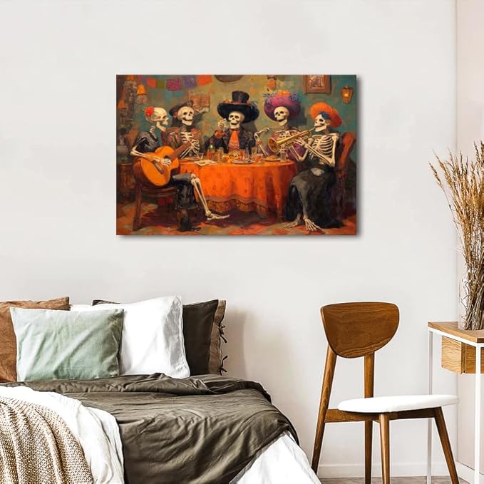 Watercolor Halloween Canvas Wall Art Gothic Skull Canvas Wall Decor Skeletons Party Painting Poster Funny Skull Prints Pictures Halloween Artwork for Kitchen Dining Room Home Decorations 24x36"