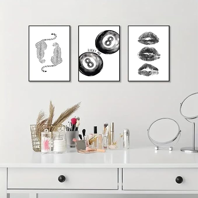 BOKPEN Trendy Black and White Leopard Canvas Wall Art,Funky Y2k Lucky 8 Ball Posters,Retro Kiss Lips Print Picture,Cheetah Prints Aesthetic for Girls Room College Dorm Home Decor (16x24in Unframed)