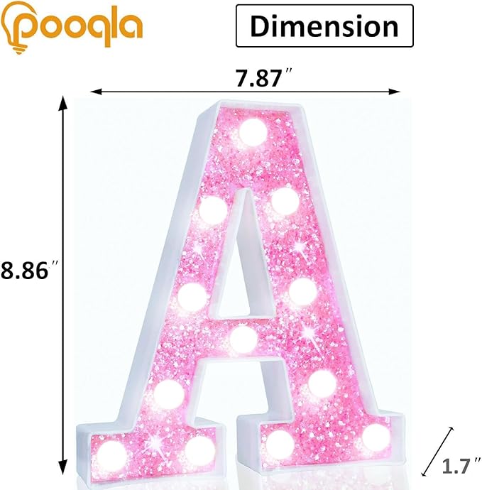 Pooqla LED Marquee Letter Lights, Light Up Letters Glitter Letter Sign Girls Gift, Battery Powered Night Light Pink Birthday Party Room Wedding Christmas Girls Bedroom Dorm Decoration, Cool White A