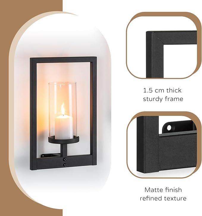 Black Candle Sconces Wall Decor: Set of 2 Metal Morden Style Frame Wall Candle Holder with Hurricane - Wall Mounted Minimalism Decorations for Living Room Hallway