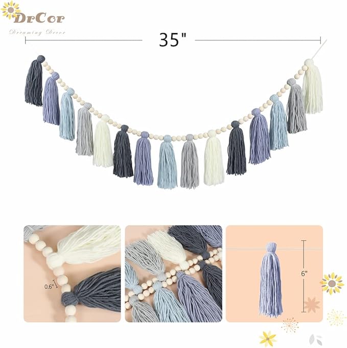 DrCor Coastal Boho Dusty Blue Tassel Garland – Handmade Yarn Banner for Nursery, Classroom, Kids Room, Baby Shower, Spring Party & Blue Boho Wall Decor