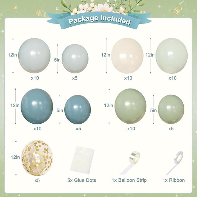 Blue and Green Birthday Decorations, Dusty blue Sage green Light Green Blue Sand White Gold Foil Confetti Balloons Happy birthday Banner Gold Butterfly Fringe Curtains for Birthday Party Decorations