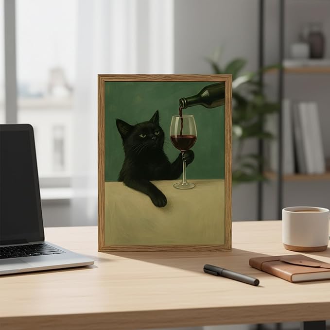 Funny Black Cat Wall Art 8x10 Inch Moody Black Cat with Wine Glass Canvas Wall Decor Whimsical Animal Bar Cart Poster Canvas Prints for Bathroom Kitchen Bar Wood Framed