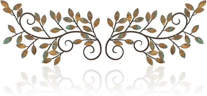ESTART 2 Pieces Metal Tree Leaf Wall Decor Vine Olive Branch Leaf Wall Art Ornament Wall Hanging Sign for above Door, Living Room, Bathroom, Office, Indoor and Outdoor Decoration (Rusty Color)