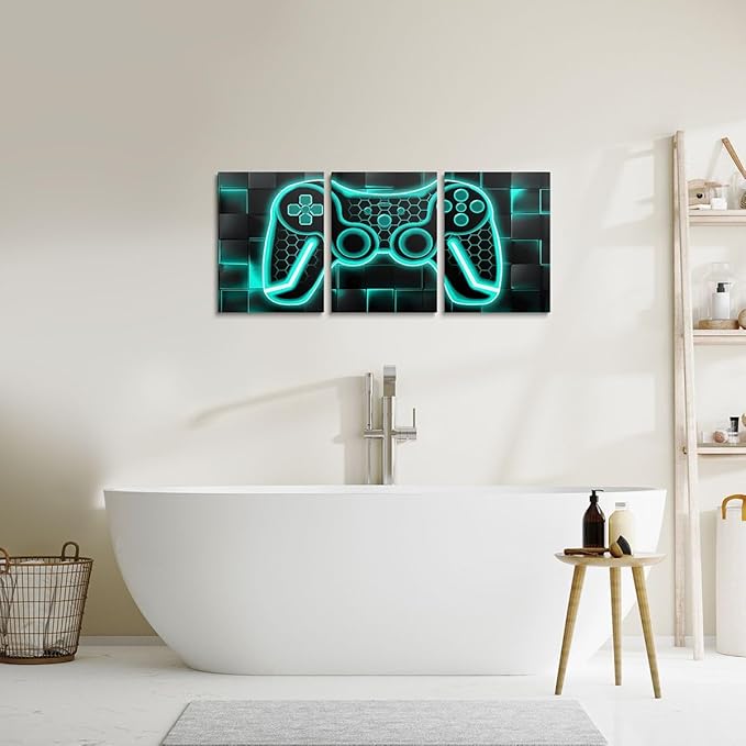 Feelyou Gamer Canvas Wall Art for Living Room 12"x16" 3 Piece Teal Blue and Black Picture Wall Decor Gaming Ombre Office Wall Decorations Artwork Posters Geometric Square Wall Painting