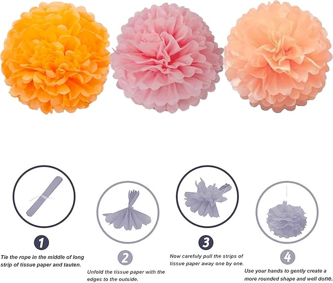 We Moment Orange Pink and Peach Paper Flowers Pom Poms Decorations for Party Decorations Baby Shower Ceiling Wall Hanging Tissue Pom Poms 12pcs 3 Colors