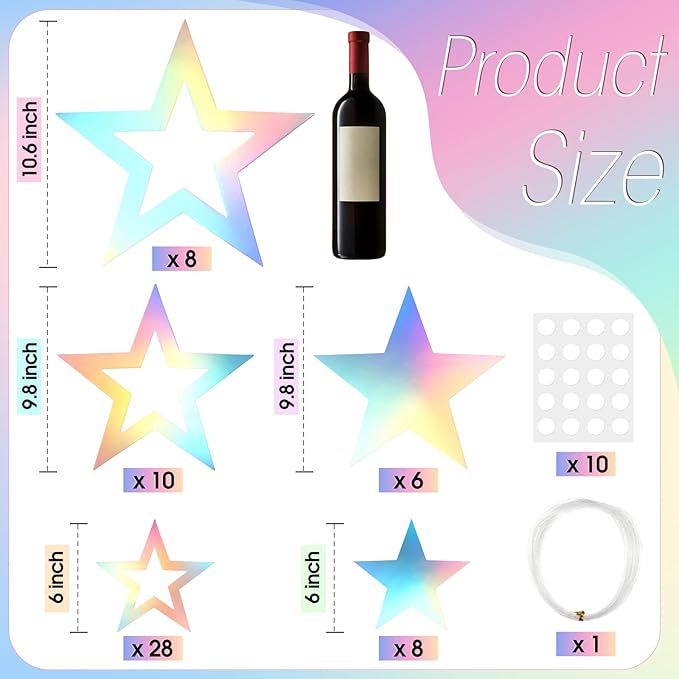 60 Pcs Large Iridescent Star Cutouts Paper Decorations 3 Sizes 6" 9.8" 10.6" Double Printed Iridescent Star Cardboard Wall Decor Confetti Cutouts for Graduation Classroom Movie Night Party Decor