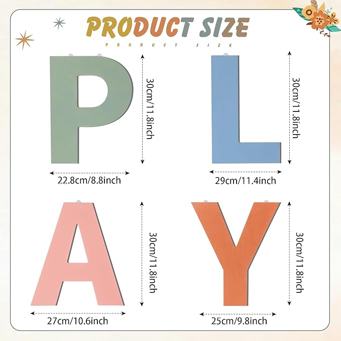 12 In Boho Play Sign Wooden Letters Playroom Sign Bohemian Colors Playroom Wall Hanging Decor for Nursery Room Home Classroom Wall Decor