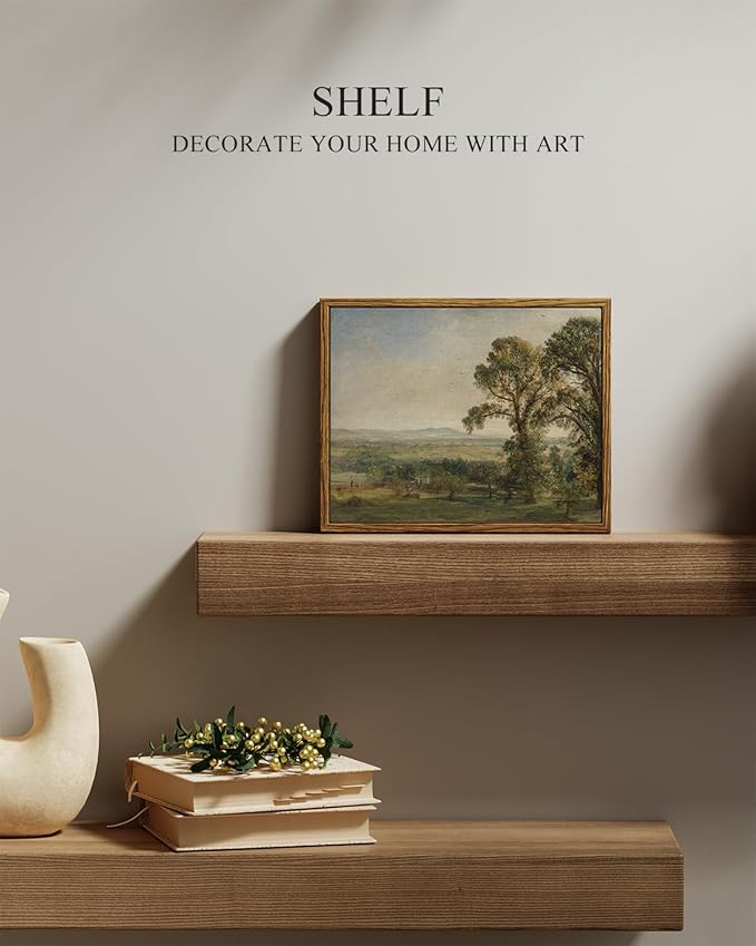 InSimSea Framed Canvas Print Art, Vintage Countryside Landscape Painting, Rustic Farmhouse Cottage Decor for Hallway Wall Floating Shelf Desk Vanity Fireplace,10x8 in, Soft Sage Green Tones