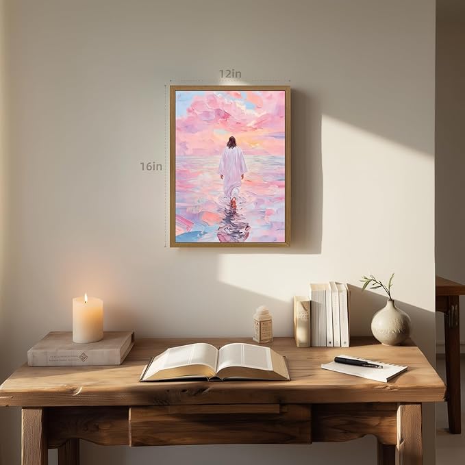 Clicyre Jesus Walking on Water Christian Wall Art, Pink Sunset Faith Canvas Print, Inspirational Religious Wall Decor for Bedroom Living Room Prayer Room Hallway Wood Framed 12x16 Inch