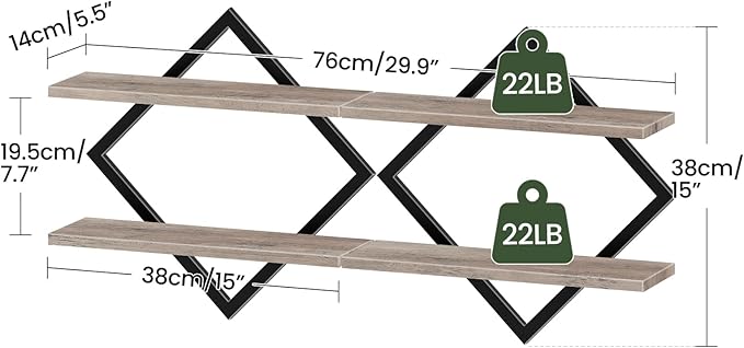 Floating Shelves for Wall, Set of 2 Wall Mounted Shelves, 2-Tier Hanging Shelves, for Living Room, Bedroom, Kitchen, Office, Study, Greige TBJ01P2BG