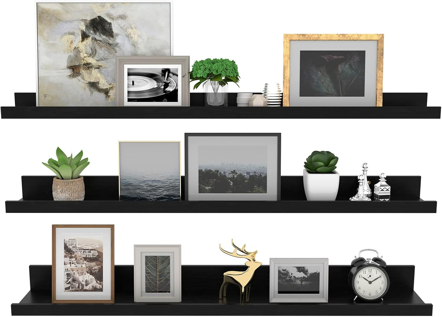 Giftgarden 36 Inch Black Floating Shelves for Wall Woodgrain Picture Ledge Large Photo Shelf for Bedroom Living Room Kitchen Bathroom Storage Shelving, Set of 3 Different Sizes