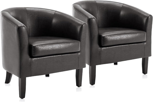 BELLEZE Accent Barrel Chair Set of 2, Linen Round Chair Club Tub Sofa Corner Chair with Flared Legs and Cozy Soft Padding for Living Room Bedroom Waiting Room - Brown