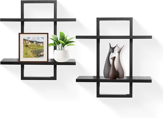 PHOENANCEE Floating Shelves for Wall,Display Hanging Shelf Set of 2,Modern Decorative Plants Shelves,Wood Home Decor Storage Chic for Living Room Bedroom Bathroom Office,Oak Frame,2-Tier Black