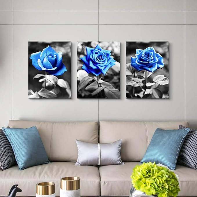 DZRWUBHS Large Wall Art For Living Room Wall Decor For Kitchen Black And White Canvas Prints Pictures Artwork Blue Rose Flowers Wall Paintings Modern Office Bedroom Room Home Decorations 3 Pieces