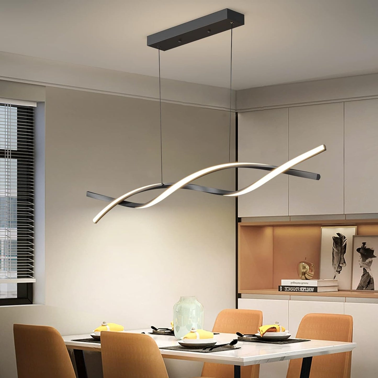Modern Ceiling Pendant Light, Dimmable LED Pendant Light, Dimmable 3 Color Mode Chandelier for Living Room, Dining Room, Kitchen, Bedroom,Bar(Black, 39IN)