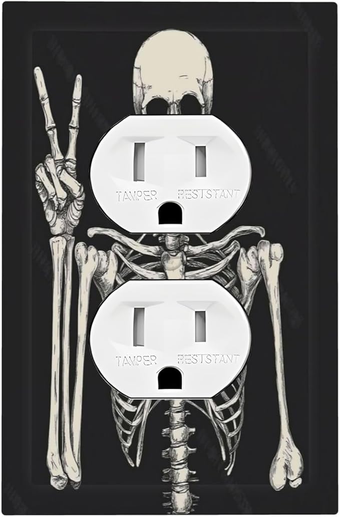 Outlet Covers Skeleton Skull Boho Hippie Dark Background 1 Gang Duplex Light Switch Cover Decorative Switch Plates Electrical Receptacle Faceplate Wall Plate For Cabin Office Decor