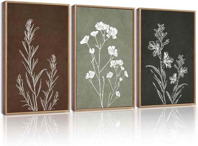 Drsoum Vintage Boho Flower Wall Art Framed Retro Botanical Floral Wall Prints Wildflower Neutral Rustic Bohemain Artwork Kitchen Bedroom Ready to Hang 16x24in Natural Framed