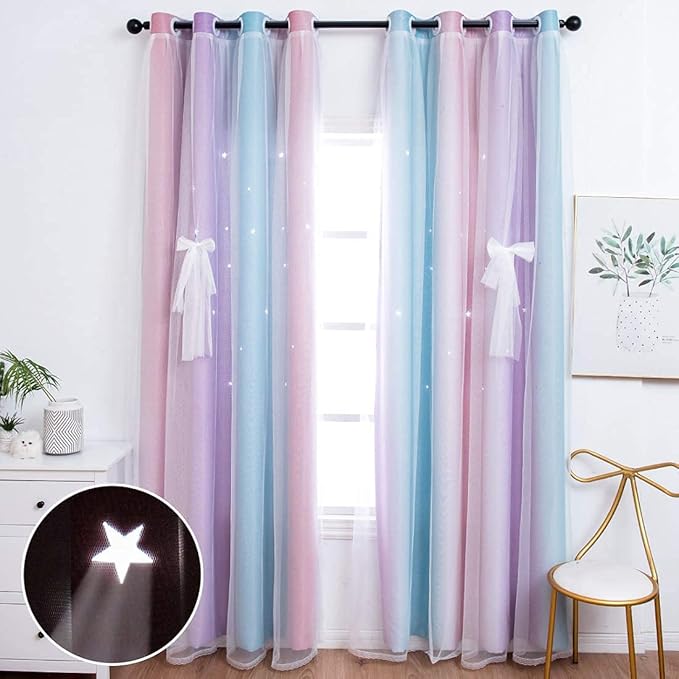 UNISTAR 2 Panels Star Blackout Curtains for Kids Girls Bedroom Aesthetic Living Room Colorful Double Layer Cut Out Stripe Pink and Purple Rainbow Window Home Decoration Curtain W42 x L63 Inches