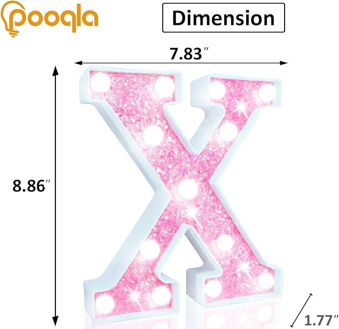 Pooqla LED Marquee Letter Lights, Light Up Letters Glitter Letter Sign Girls Gift, Battery Powered Night Light Pink Birthday Party Room Wedding Christmas Girls Bedroom Dorm Decoration, Cool White X