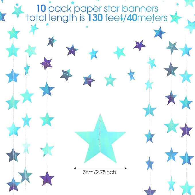 Patelai Glitter Star Garland Banner 2026 Graduation Decor 130 Feet Star Hanging Banner Twinkle Backdrop for Party Birthday Classroom Wedding Supplies(Iridescent Blue)