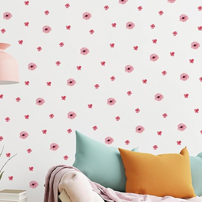 208Pcs Boho Flower Wall Stickers, Peel and Stick Pink Floral Wall Decals, Removable Neutral Watercolor Wildflower Blossom Window Clings for Girls Bedroom Living Room Offices Home Decoration