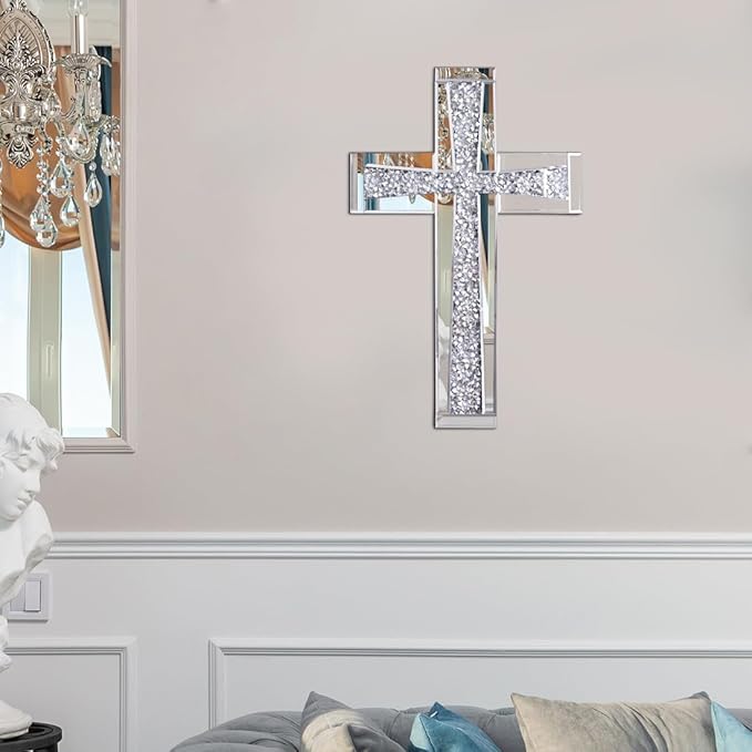 Aeveco Silver Cross Mirror for Wall Decoration 20×13 Inch, Crystal Crush Diamond Mirrored Cross for Living Room, Bedroom, Home Décor