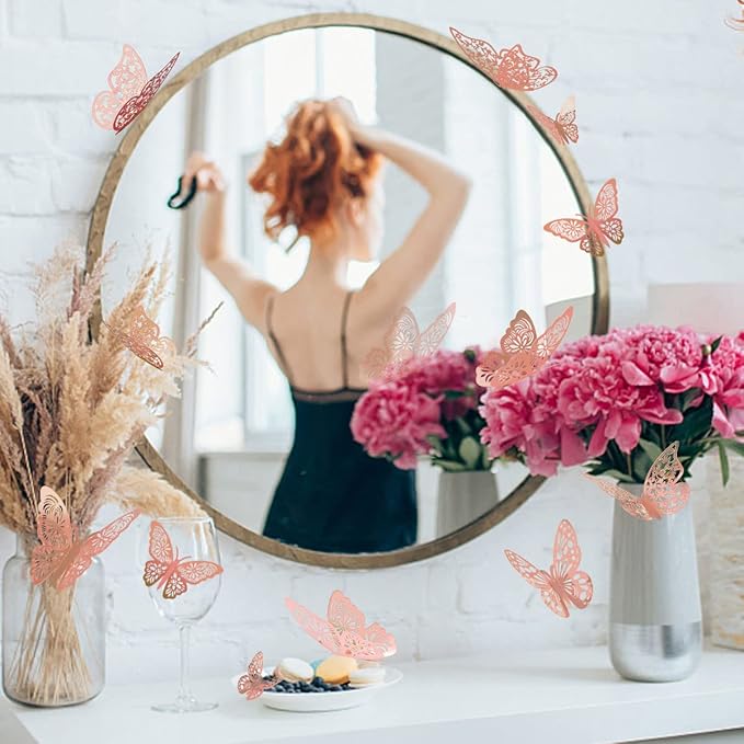 72 Pcs Butterfly Wall Decor - 3 Styles, 3 Sizes, 3D Butterflies in Rose Gold - Wedding & Birthday Party Decorations for Girls' Bedroom