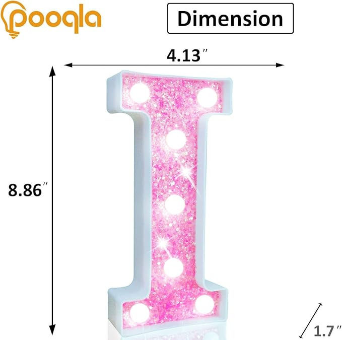 Pooqla LED Marquee Letter Lights, Light Up Letters for Birthday Decorations, Glitter Letter Sign Battery Powered Night Light Pink Party Wedding Christmas Girls Gift Bedroom Dorm Decor, Cool White I